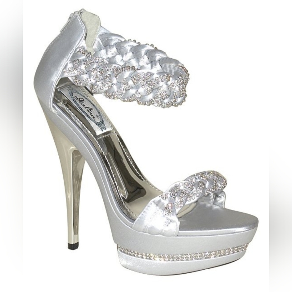 White & Silver Rhinestone Accent Satin Platform Sandal Heel